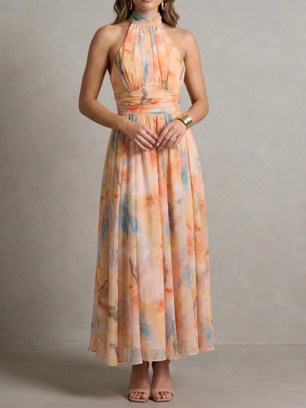 Aurora Peach Watercolor Halter Dress